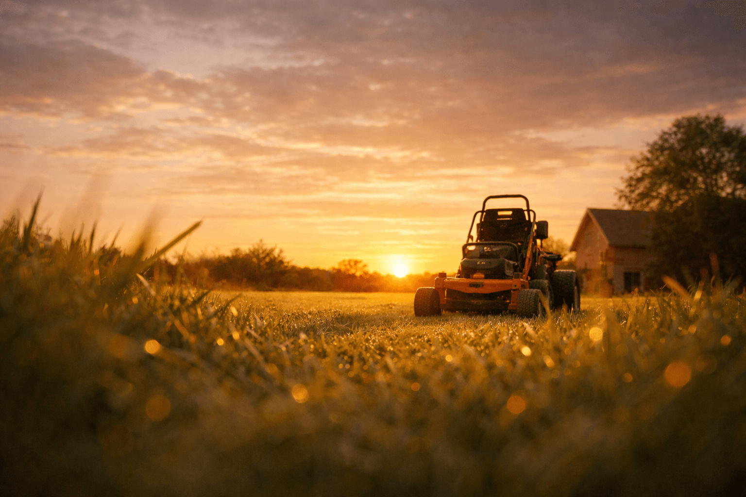 Lawn care professional mowing at sunset